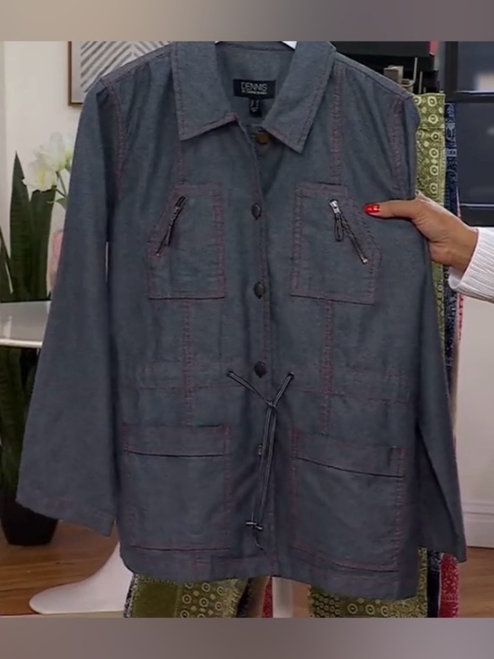 Dennis Basso Chambray Jacket with Contrast Stitching Size 1X Dark Wash